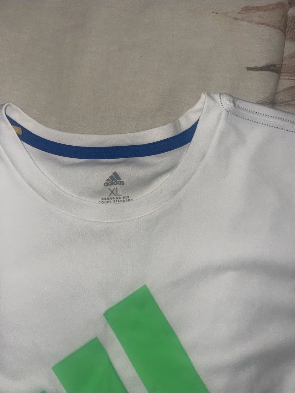 adidas White Tee with Neon Green Logo and Blue Wordmark